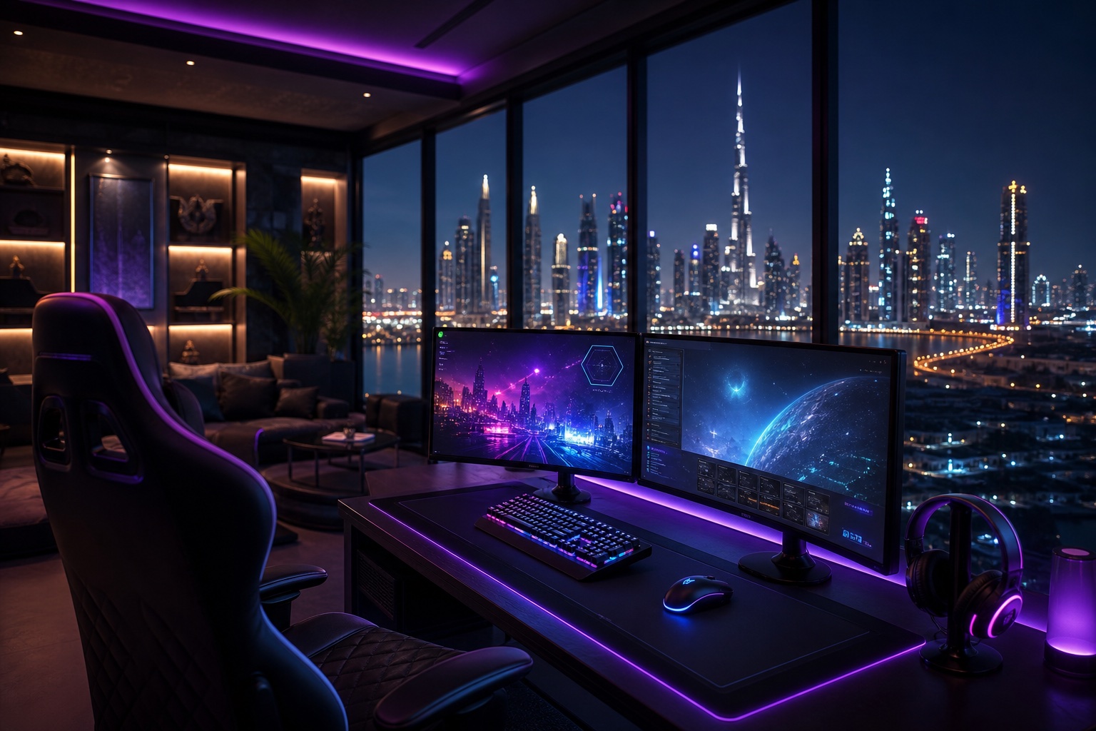 غرفة ألعاب احترافية بإضاءة نيون وإطلالة على دبي — hotelsagain.com